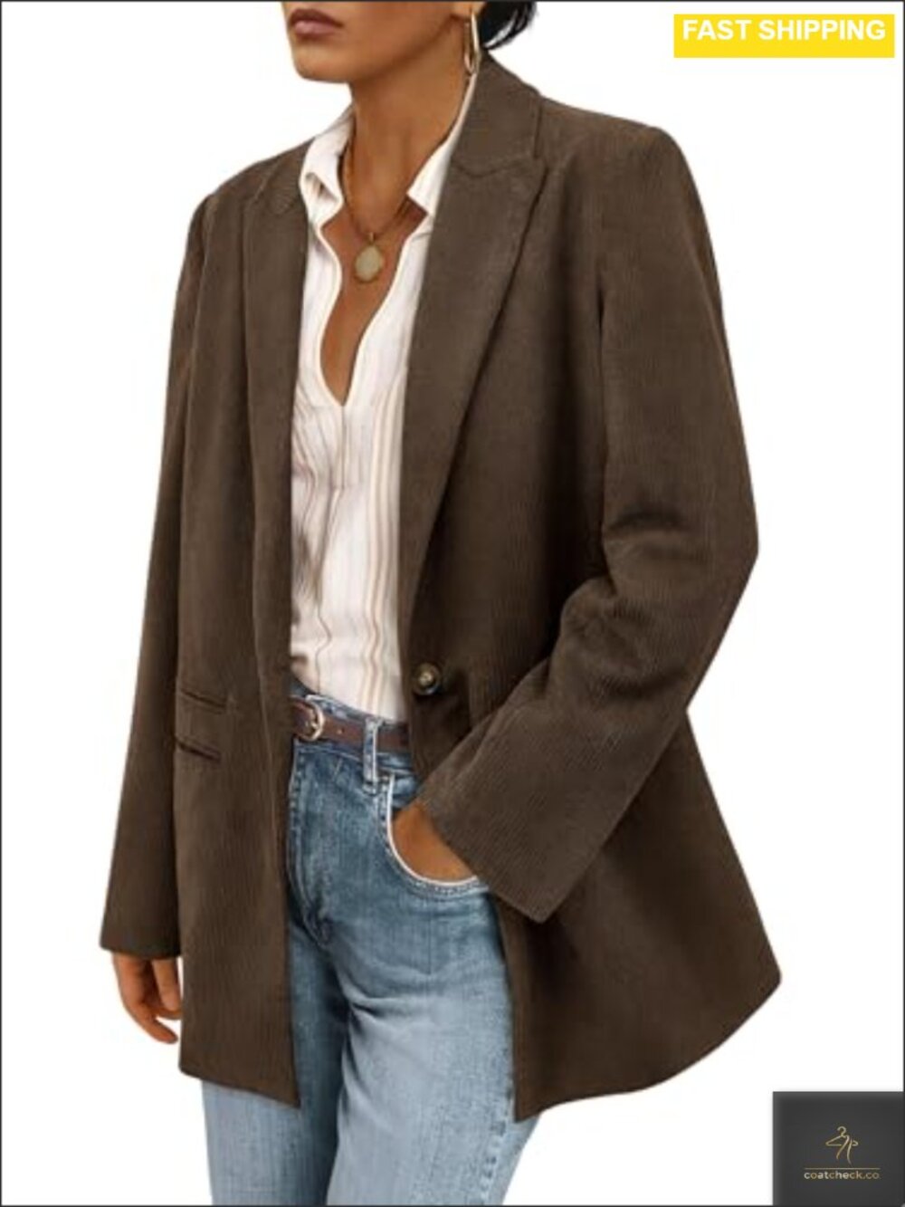 Corduroy Blazer Jacket Button Front Long Sleeve Office Casual